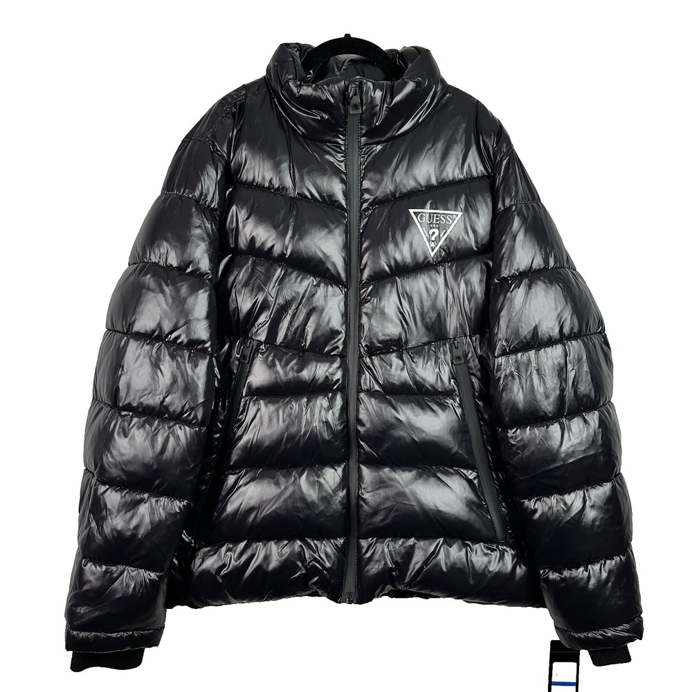 GUESS Mens Black Puffer Jacket Small Quilted Shiny Down Style‎ Winter Coat